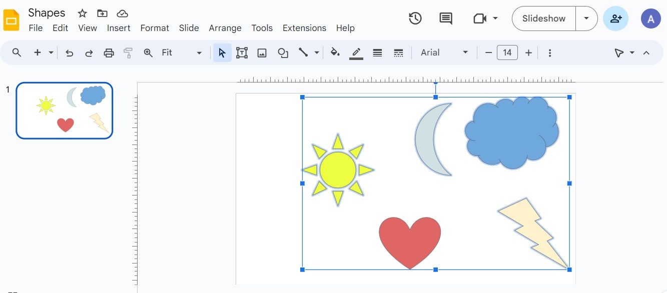 Screenshot showing the sun, moon, cloud, and lightning bolt with a blue outline