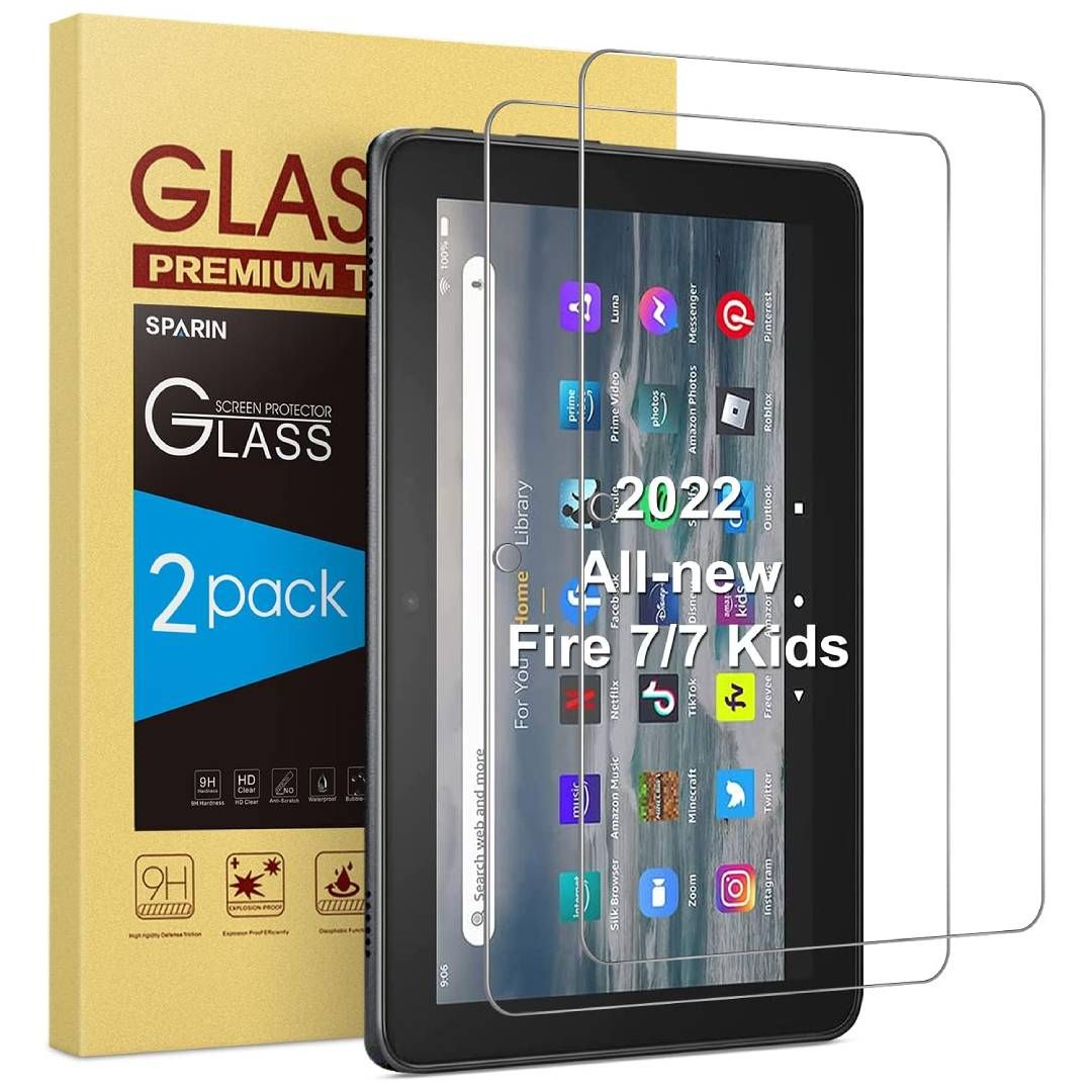 A render of the Sparin tempered glass screen protector for the Fire 7, and its box