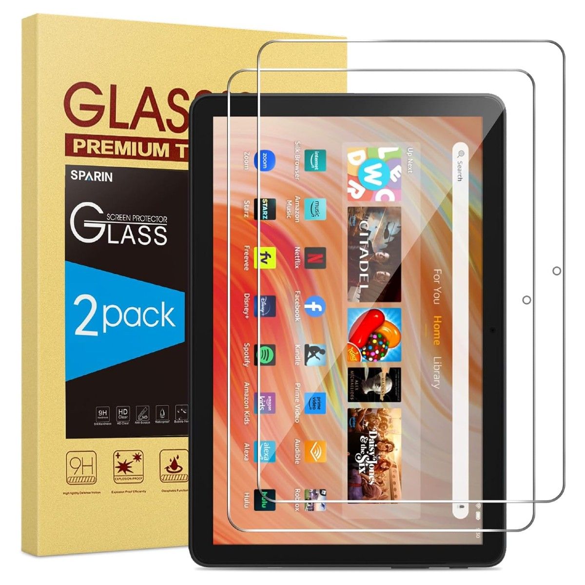 Two pieces of Tempered Glass floating above an Amazon Fire HD 10 tablet