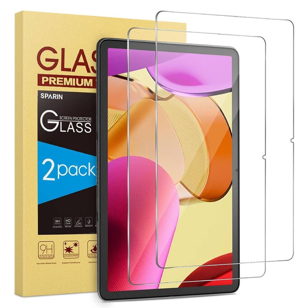 A render of the Sparin tempered glass screen protector for the Fire Max 11, and its box