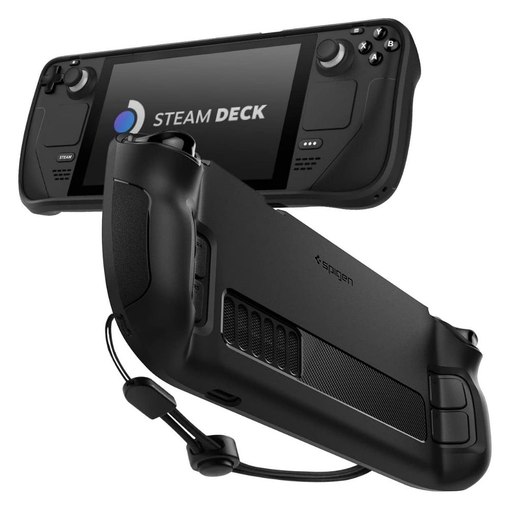 spigen rugged armor for steam deck, front and back views