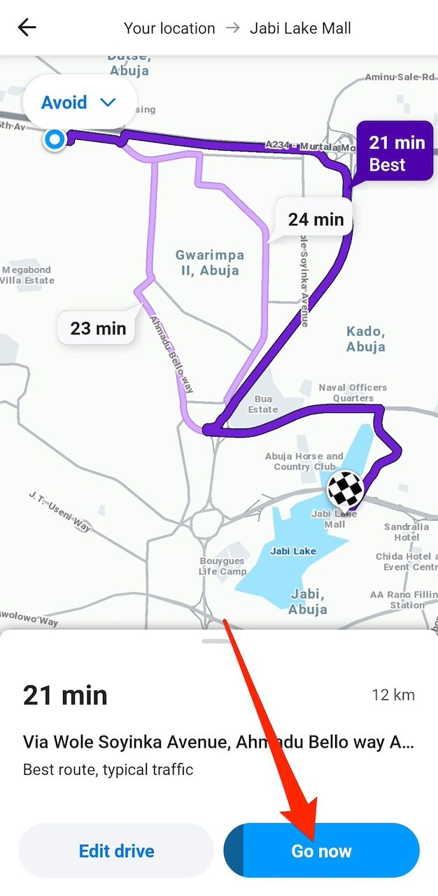 Red arrow pointing to Go now button after adding in a destination and route