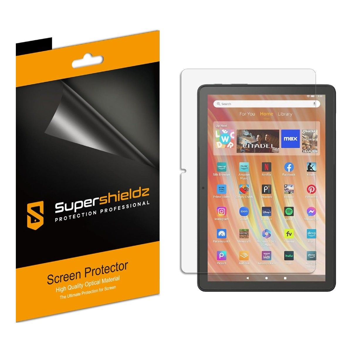 A Supershieldz PET Screen Protector and a Fire HD 10 tablet