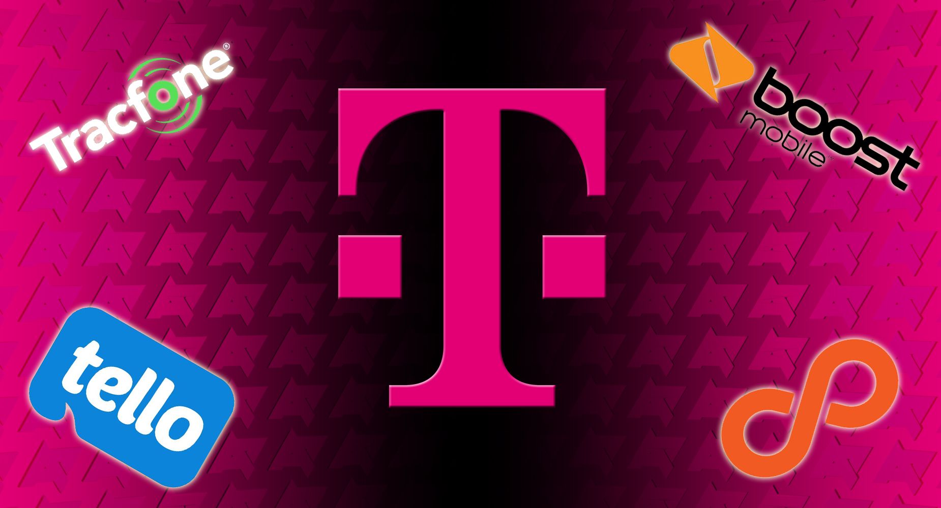 T-Mobile logo surrounded by Tracfone, Boost Mobile, Boos Infinite, and Tello logos, over a field of AP logos