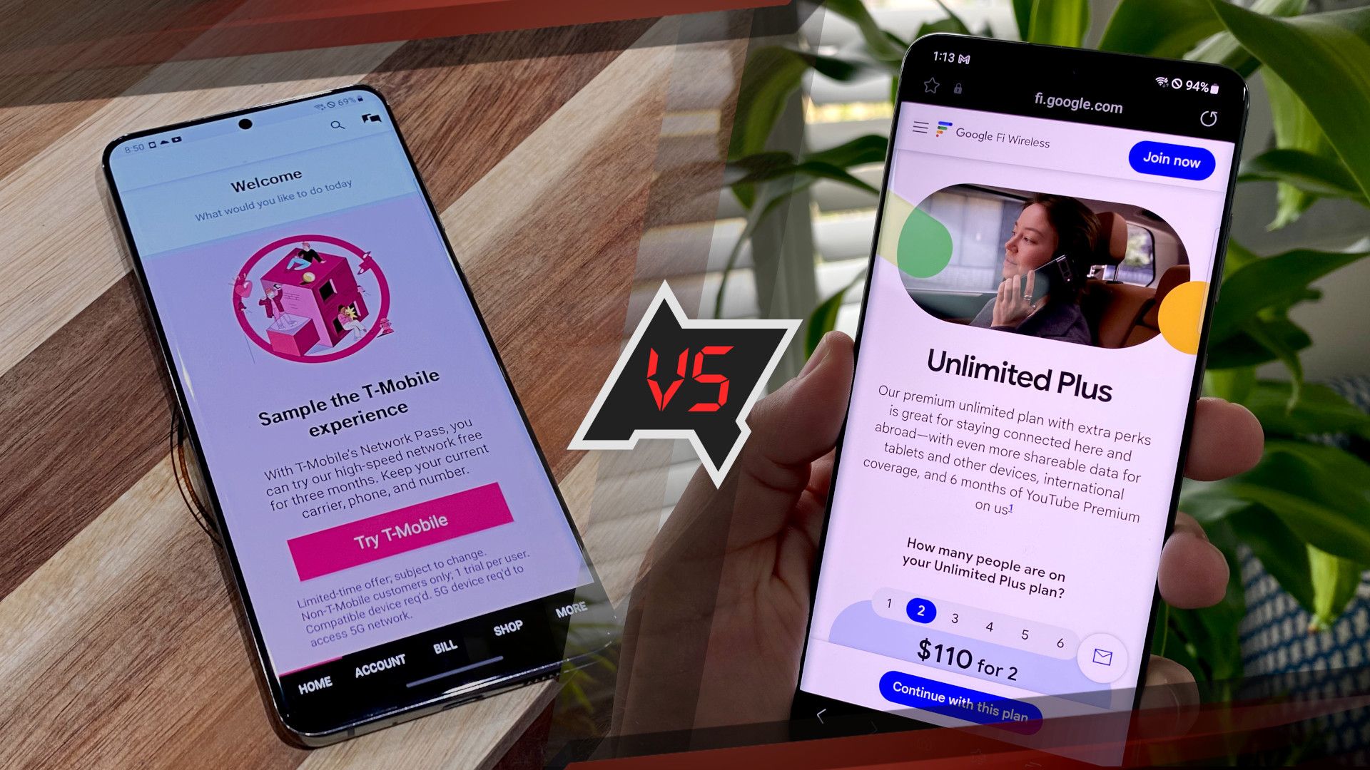 T-Mobile vs. Google Fi, T-Mobile app and Google Fi web page