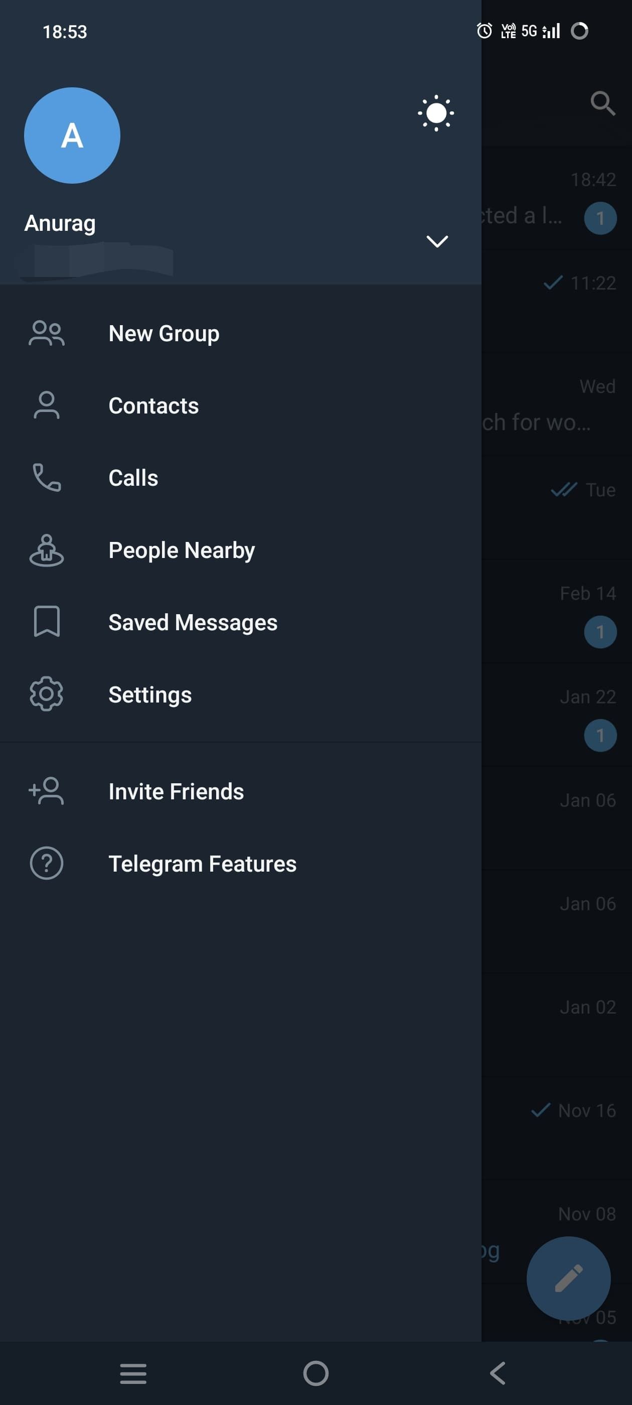 A screenshot showing the home page of the Telegram Android app