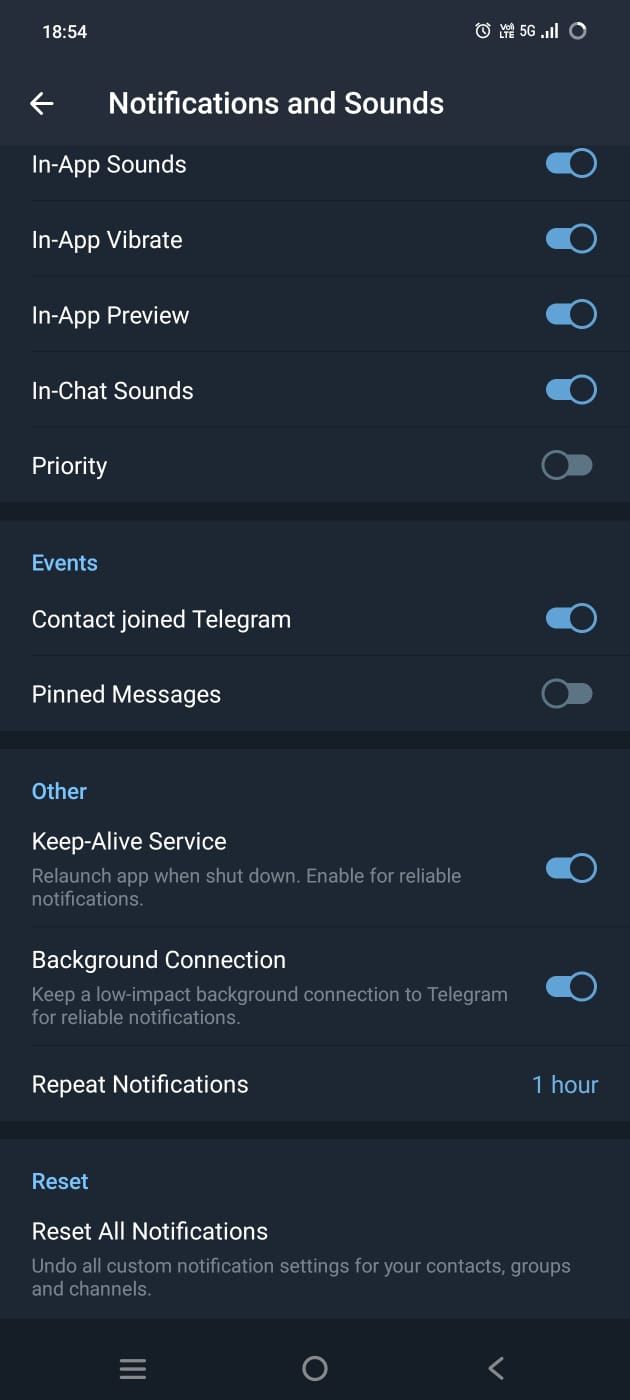 A screenshot showing Telegram's notification settings