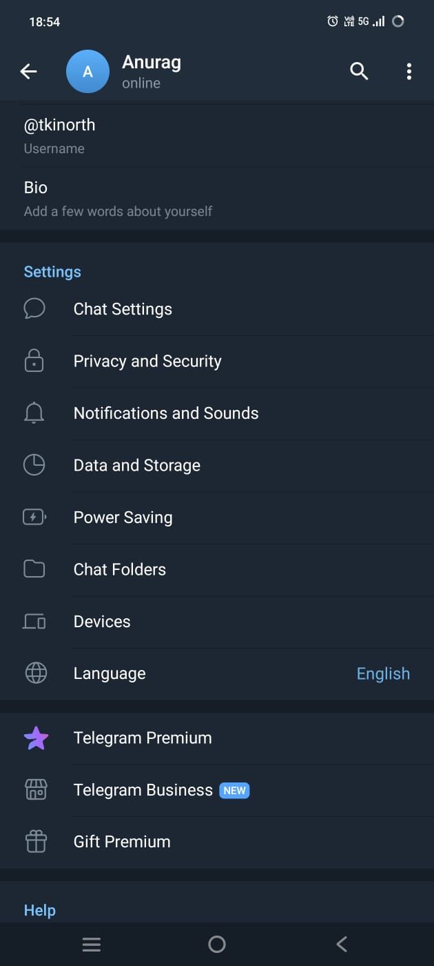 A screenshot showing the settings of the Telegram app for Android