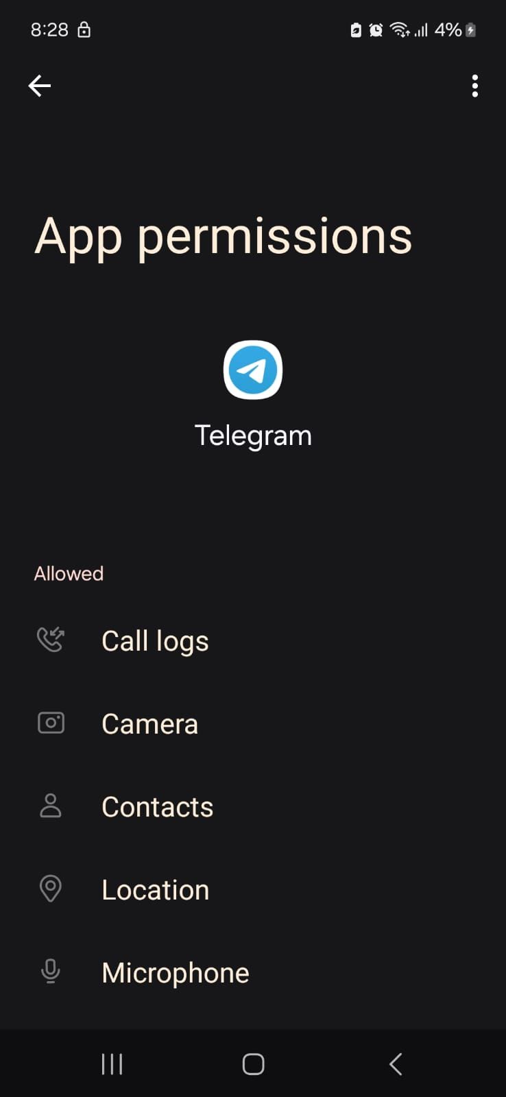 Screenshot showing Telegram app permissions