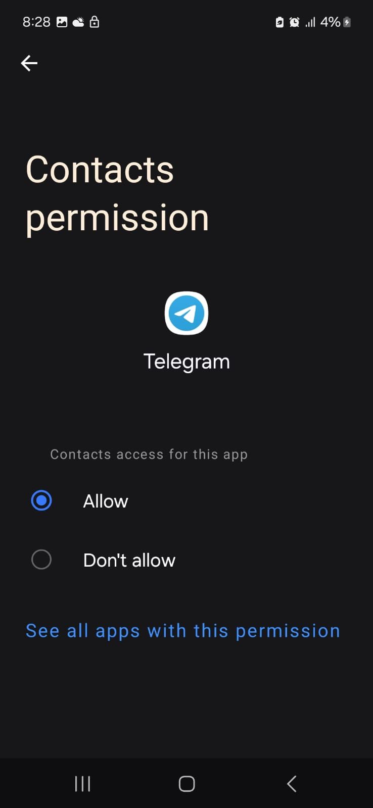 Screenshot showing Telegram contact permission