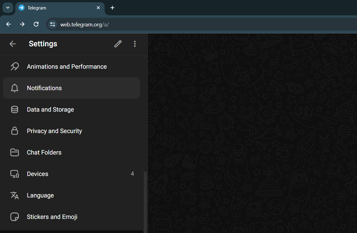 A screenshot showing the Telegram web settings menu