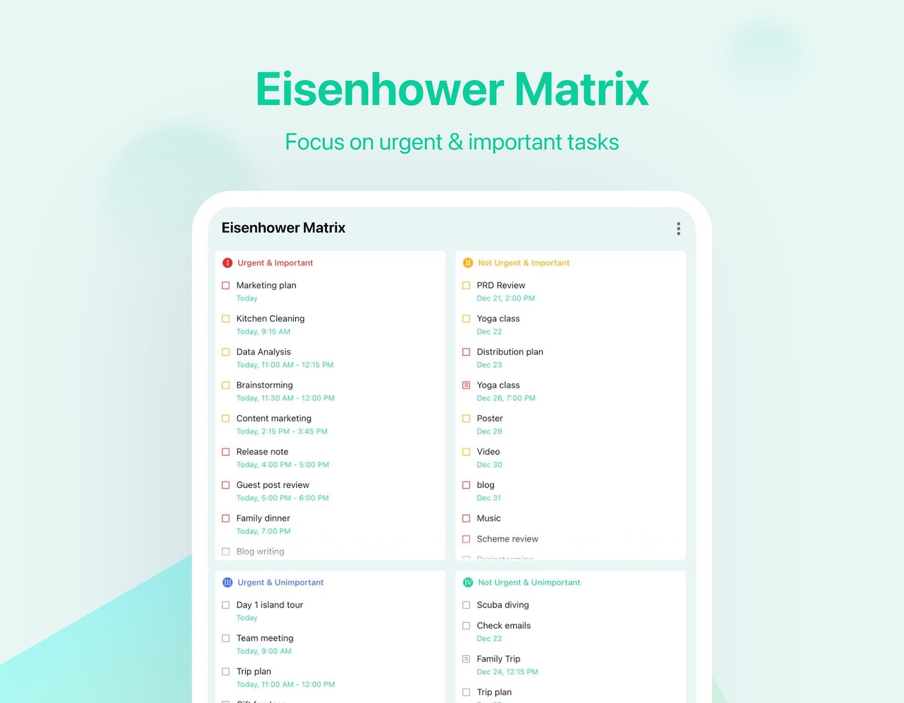 sylized phone showing an Eisenhower Matrix from ticktick app