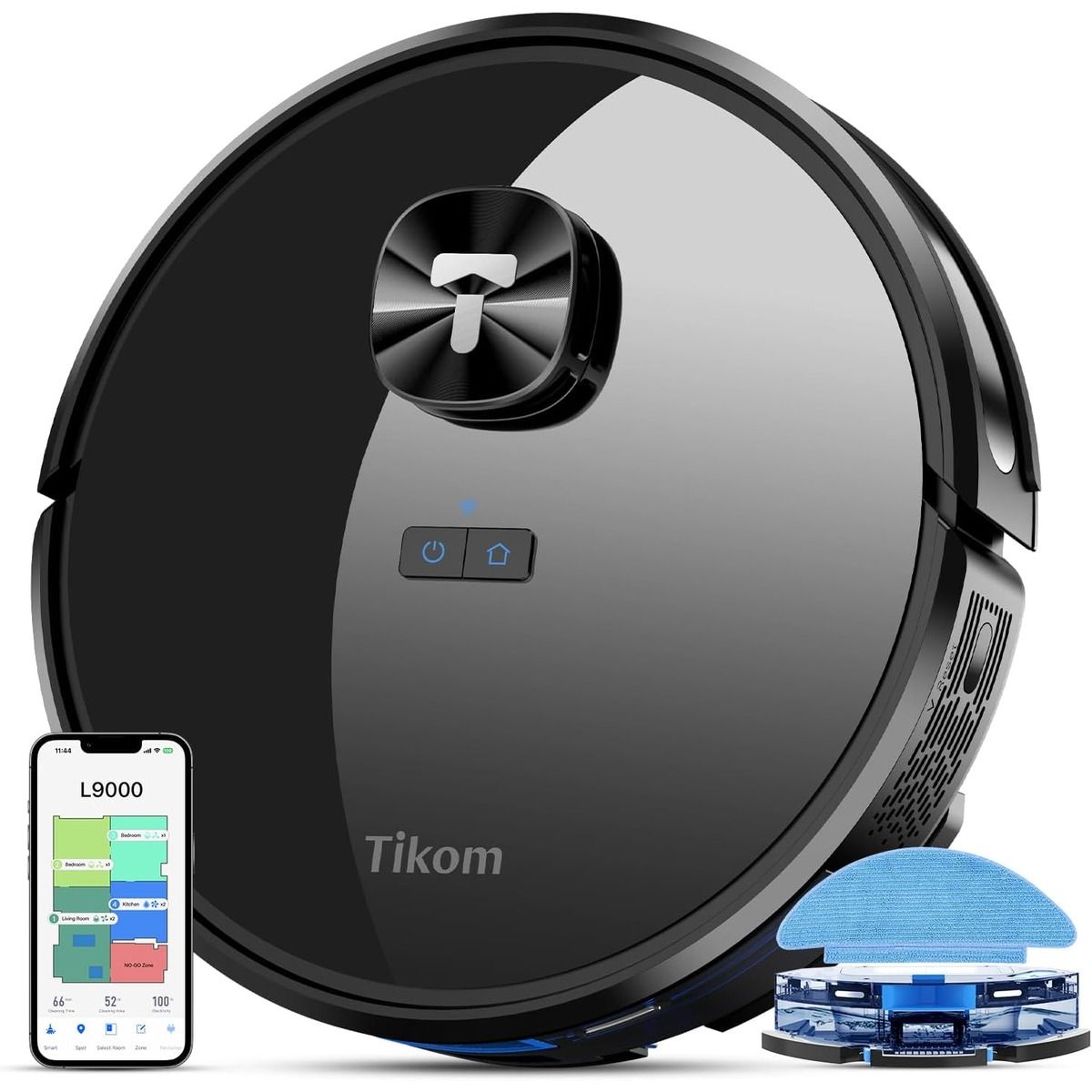 The Tikom L9000 Robot Vacuum and a smartphone against a white background