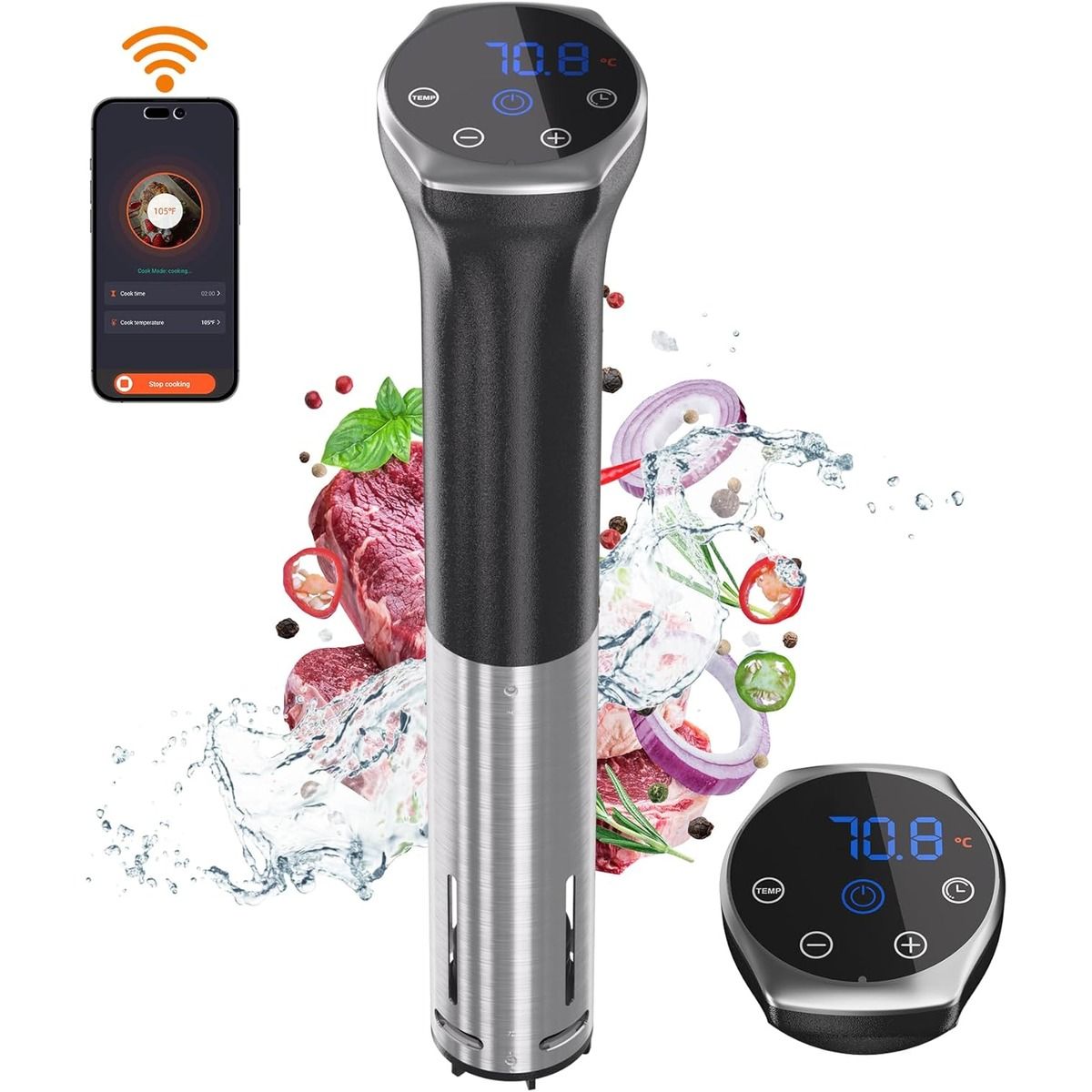 The Upesitom Sous Vide Machine and a smartphone against a white background