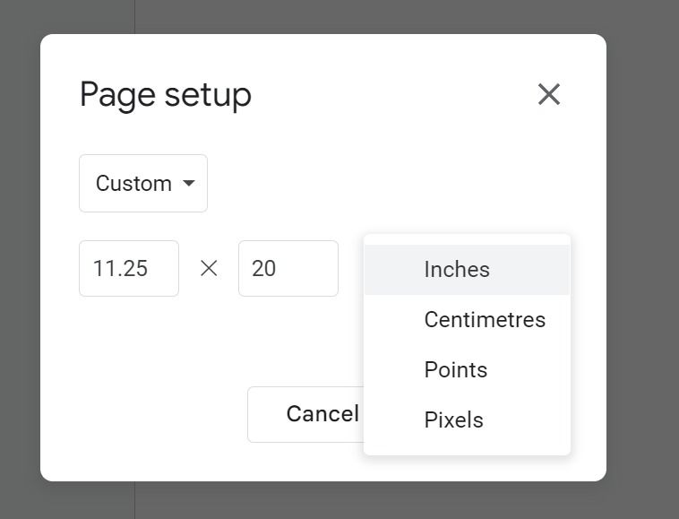 tweak page setup menu in Google Slides