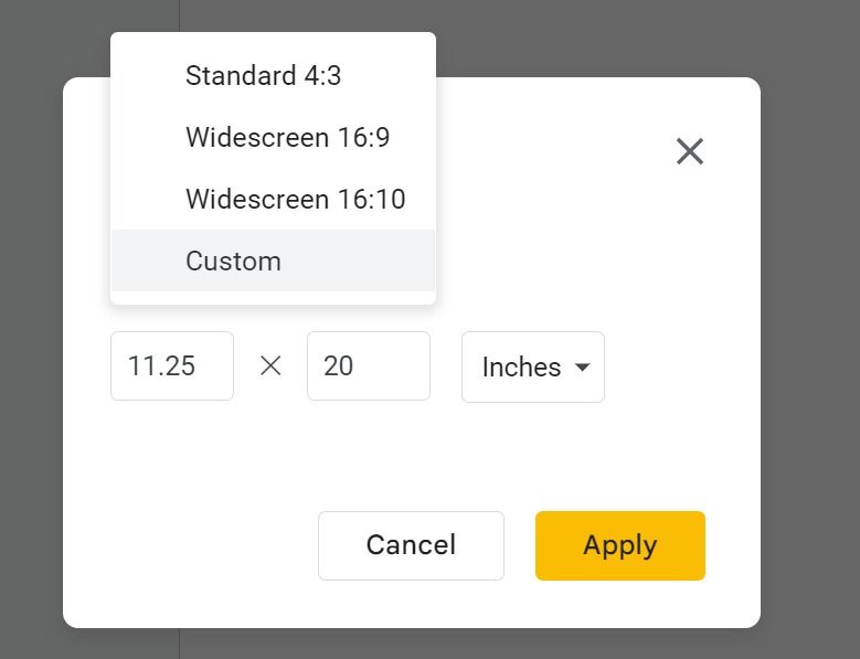 page setup menu in Google Slides