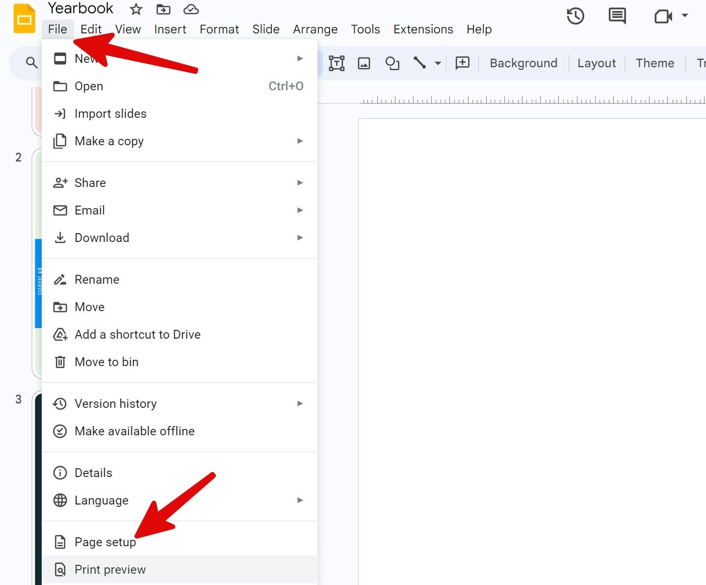 open page setup menu in Google Slides