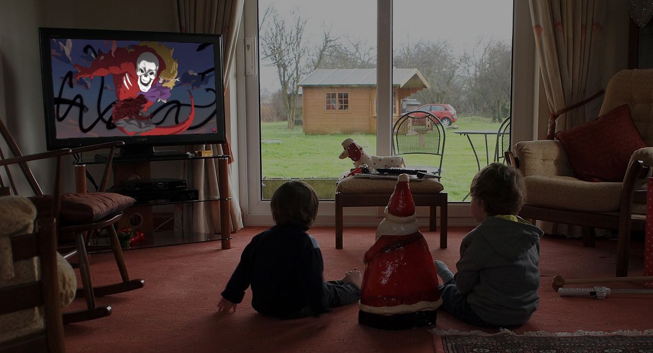 Children watching TV with clip from Vampire Survivors promo video superimposed