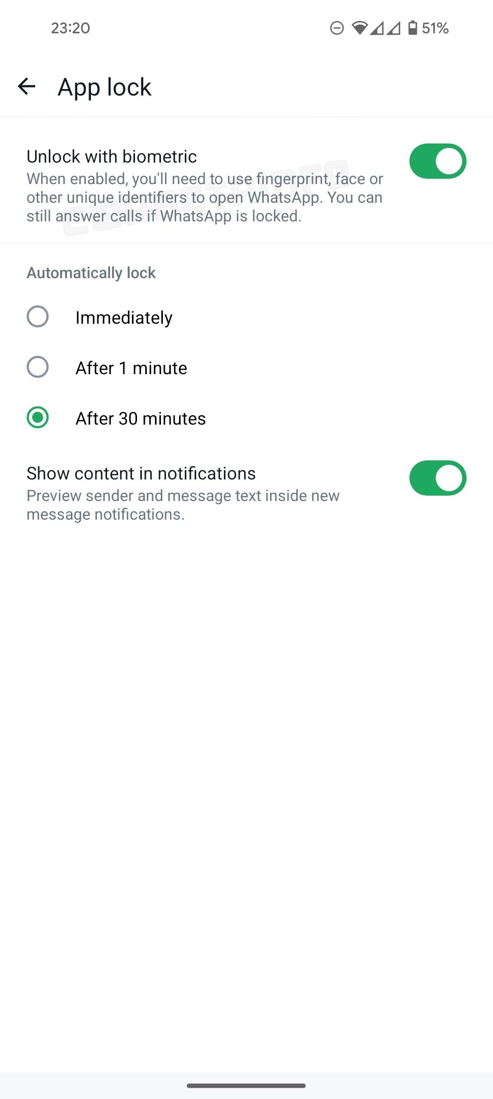 Screenshot from the latest WhatsApp beta showing expanded options for app lock authentication