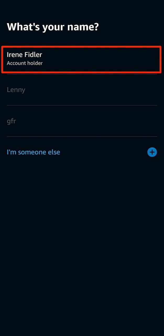 Your name page in the Amazon Alexa app