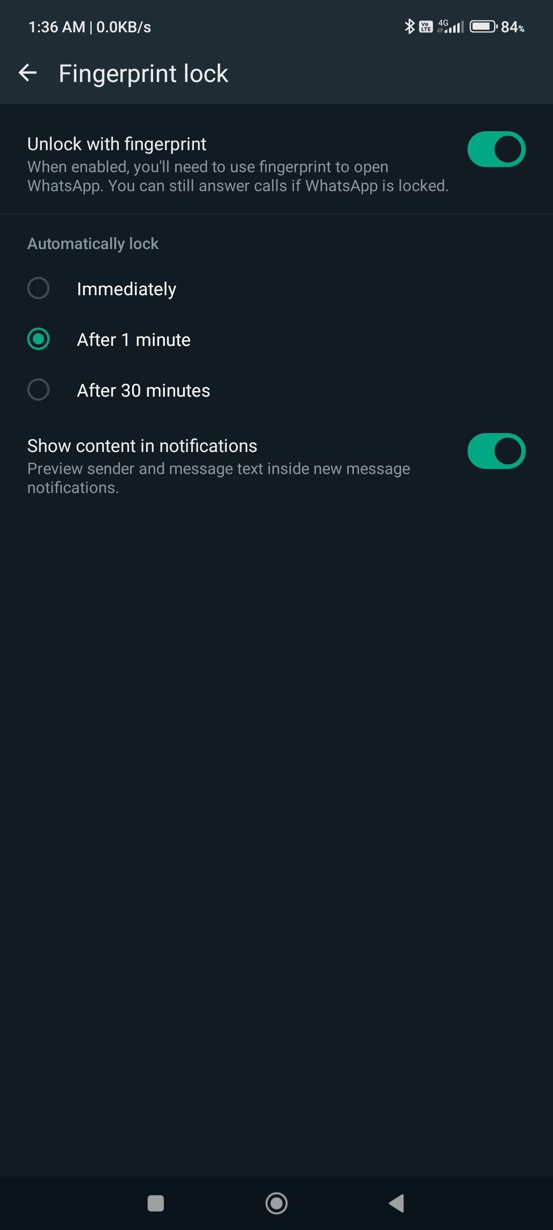 Screenshot from WhatsApp showing how app lock only allows authentication by fingerprint