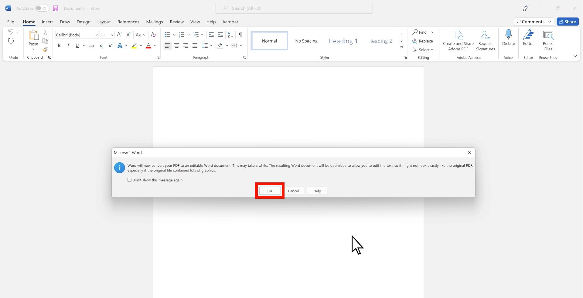 The image shows a notification in Microsoft Word indicating that a PDF will be converted into an editable Word document, with a caution that the conversion may not retain the original layout, especially with graphics with OK selected.