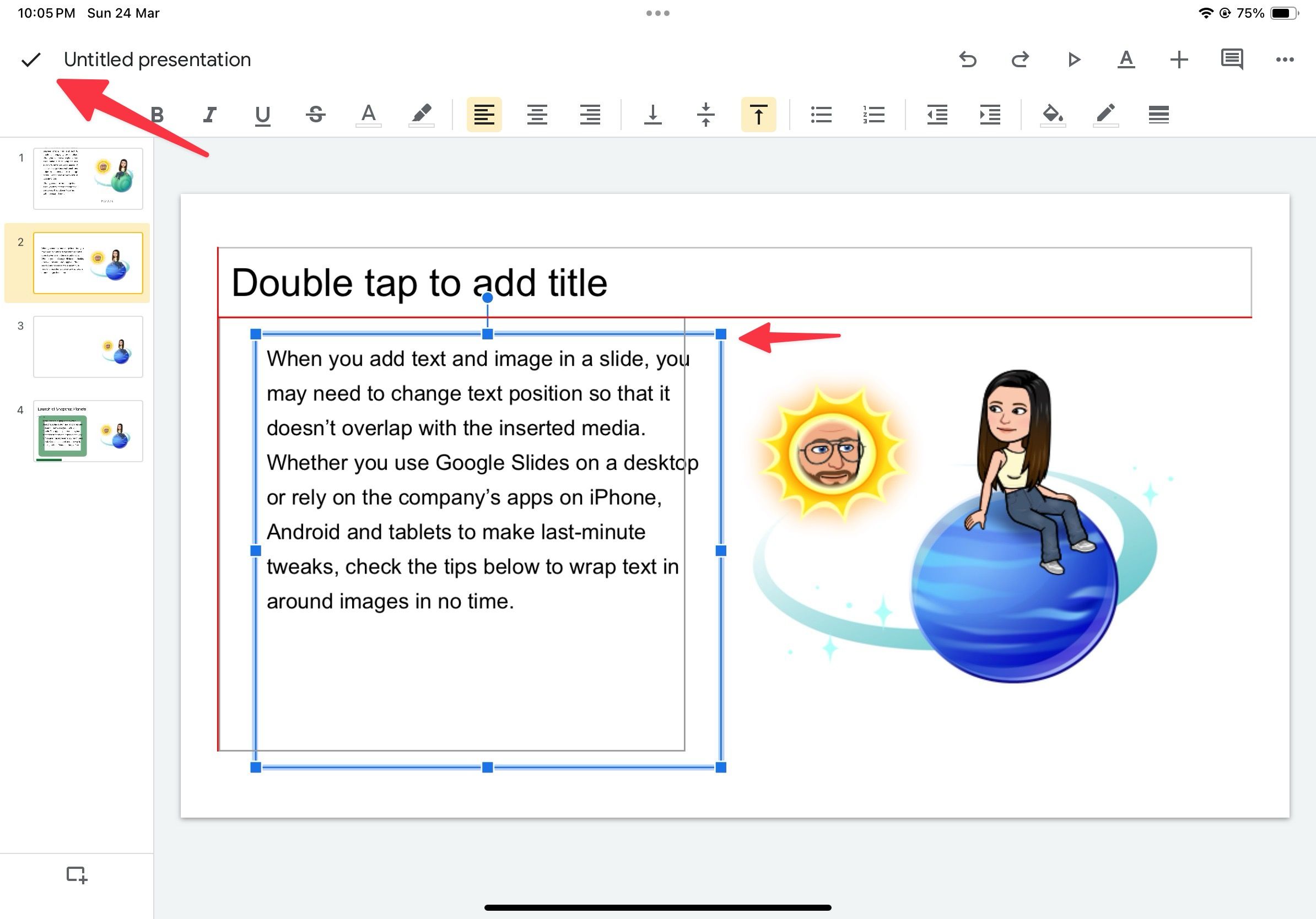 text wrapped in Google Slides for ipad