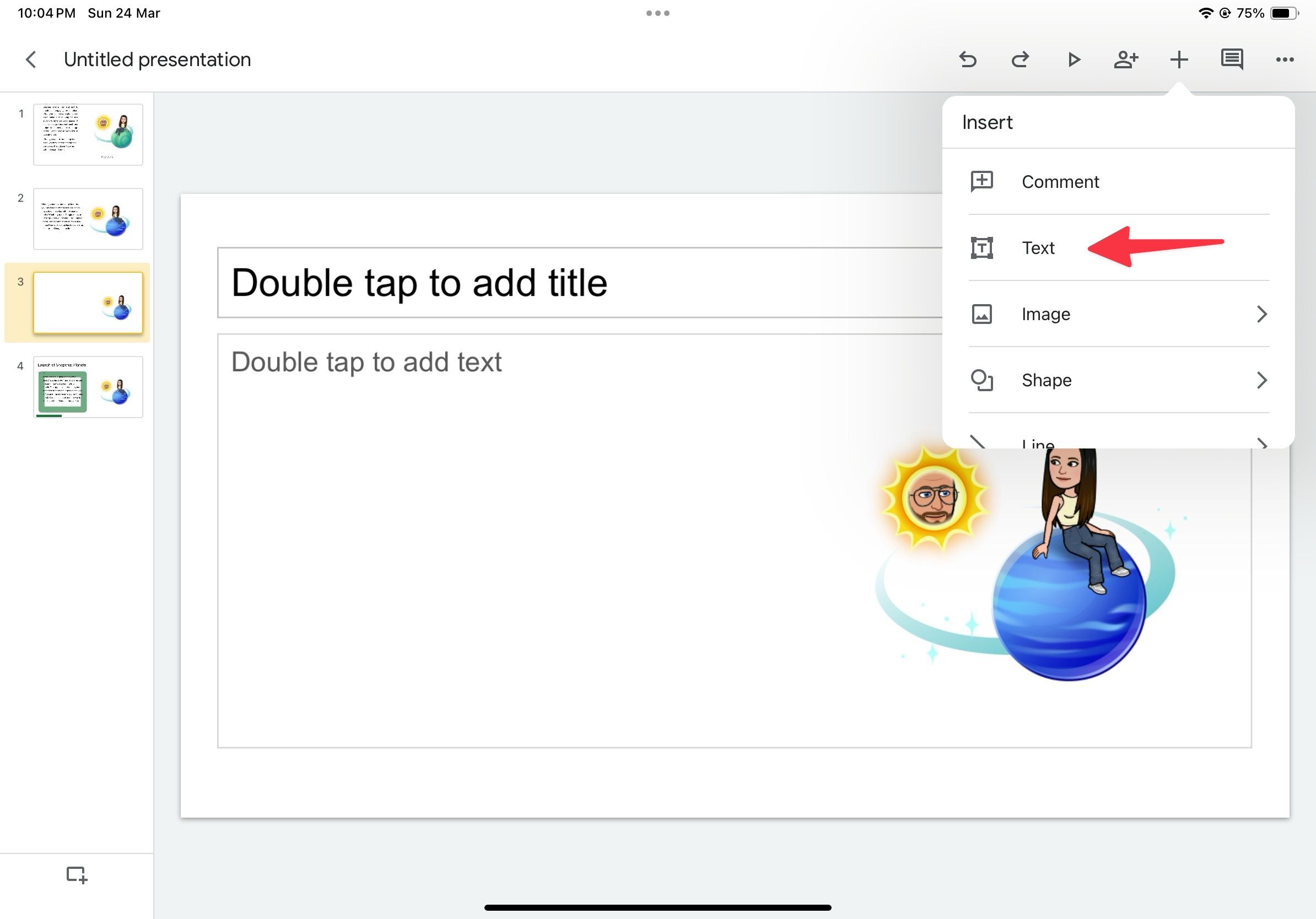 add text in Google Slides mobile