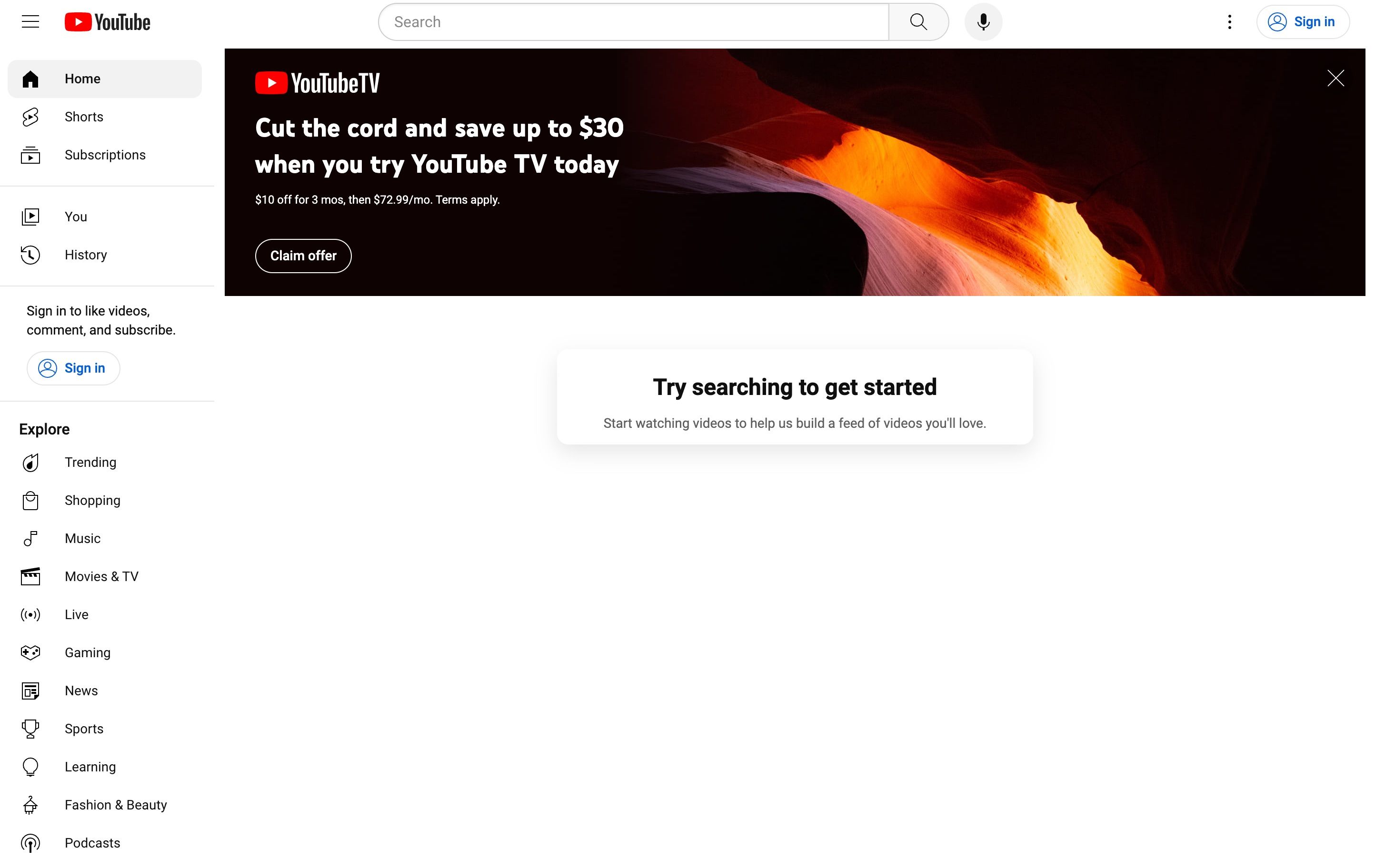 YouTube's empty homepage for signed-out users without a watch history