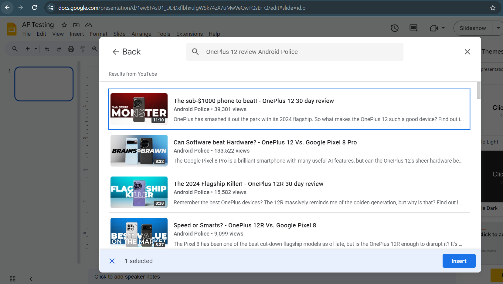 Screenshot showing YouTube search menu Google Slides