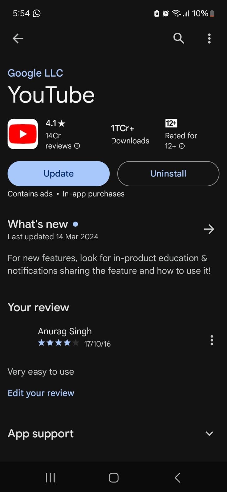 Screenshot showing YouTube app in play Store