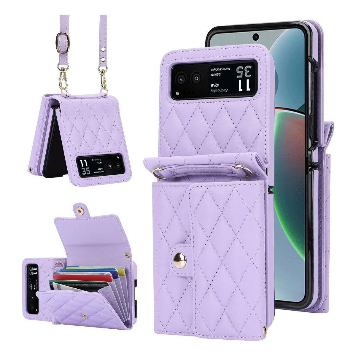 A purple leather wallet case with a strap for the Motorola Razr (2023)