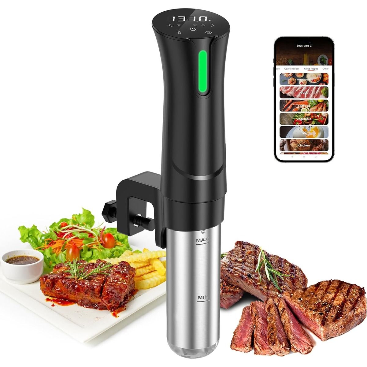 The Zionheat Sous Vide Machine and a smartphone against a white background