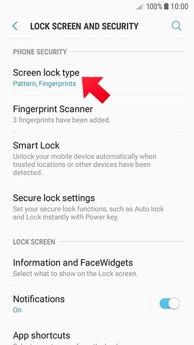 A screenshot of the "Lock screen and security" settings on a smartphone. A red arrow points to the "Screen lock type" option, which indicates "Pattern, Fingerprints" as the chosen methods.