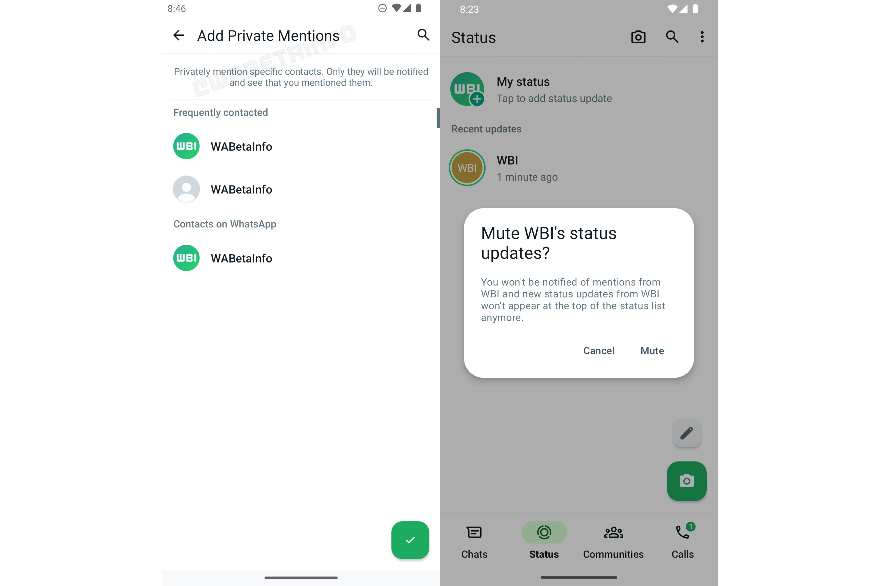 WhatsApp Status Update screen for mute and pings