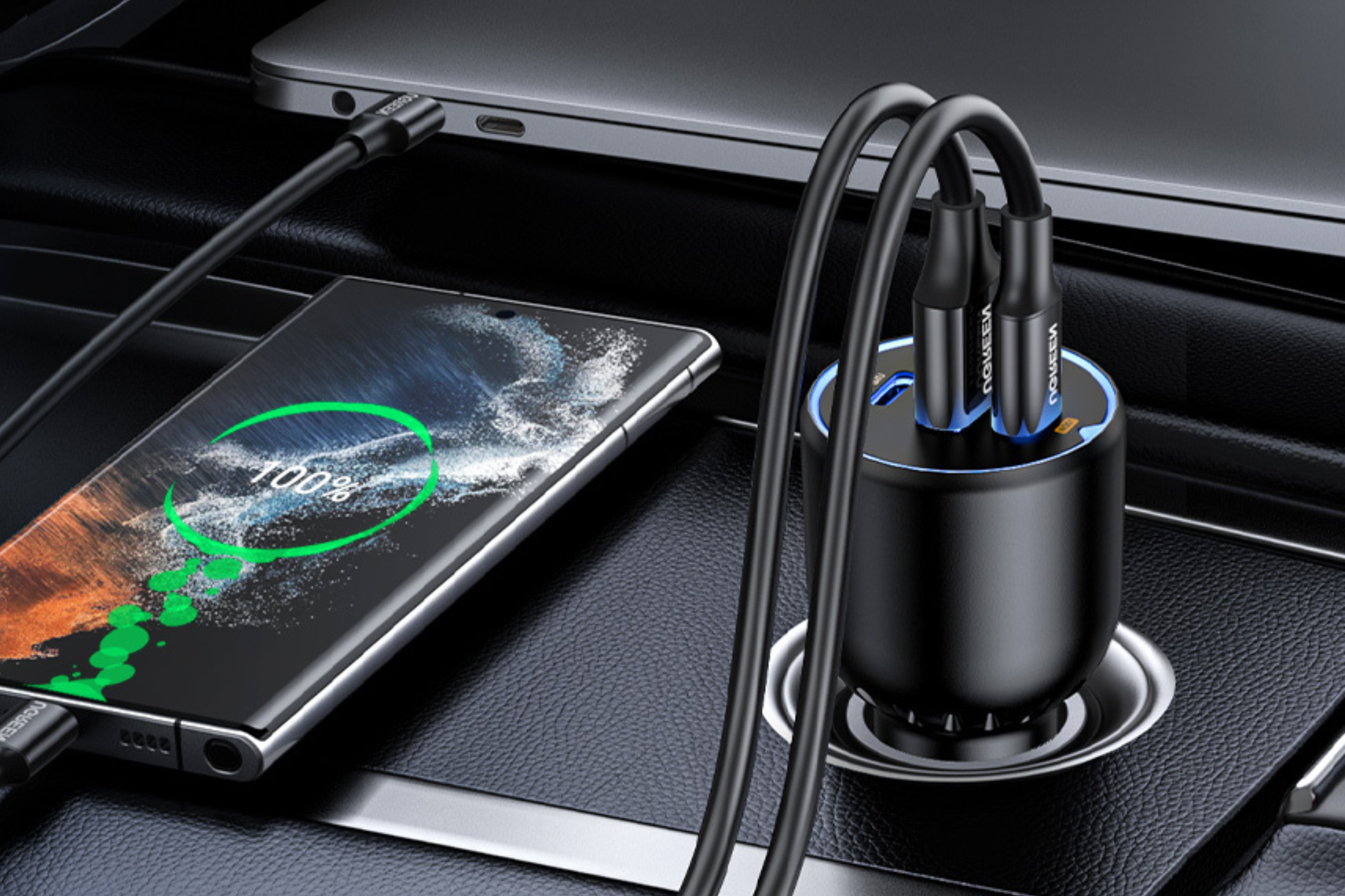 UGREEN 130W USB-C Car Charger plugged into smartphone