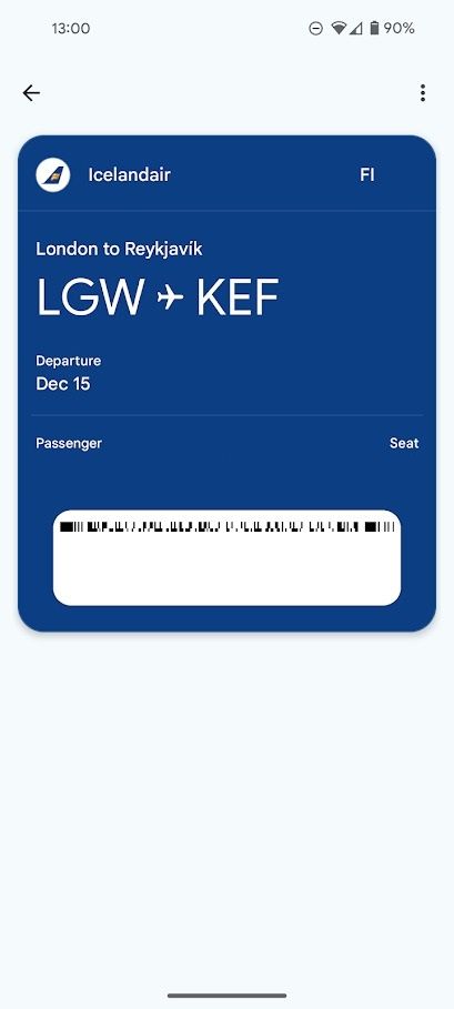 A boarding pass saved to Google Wallet
