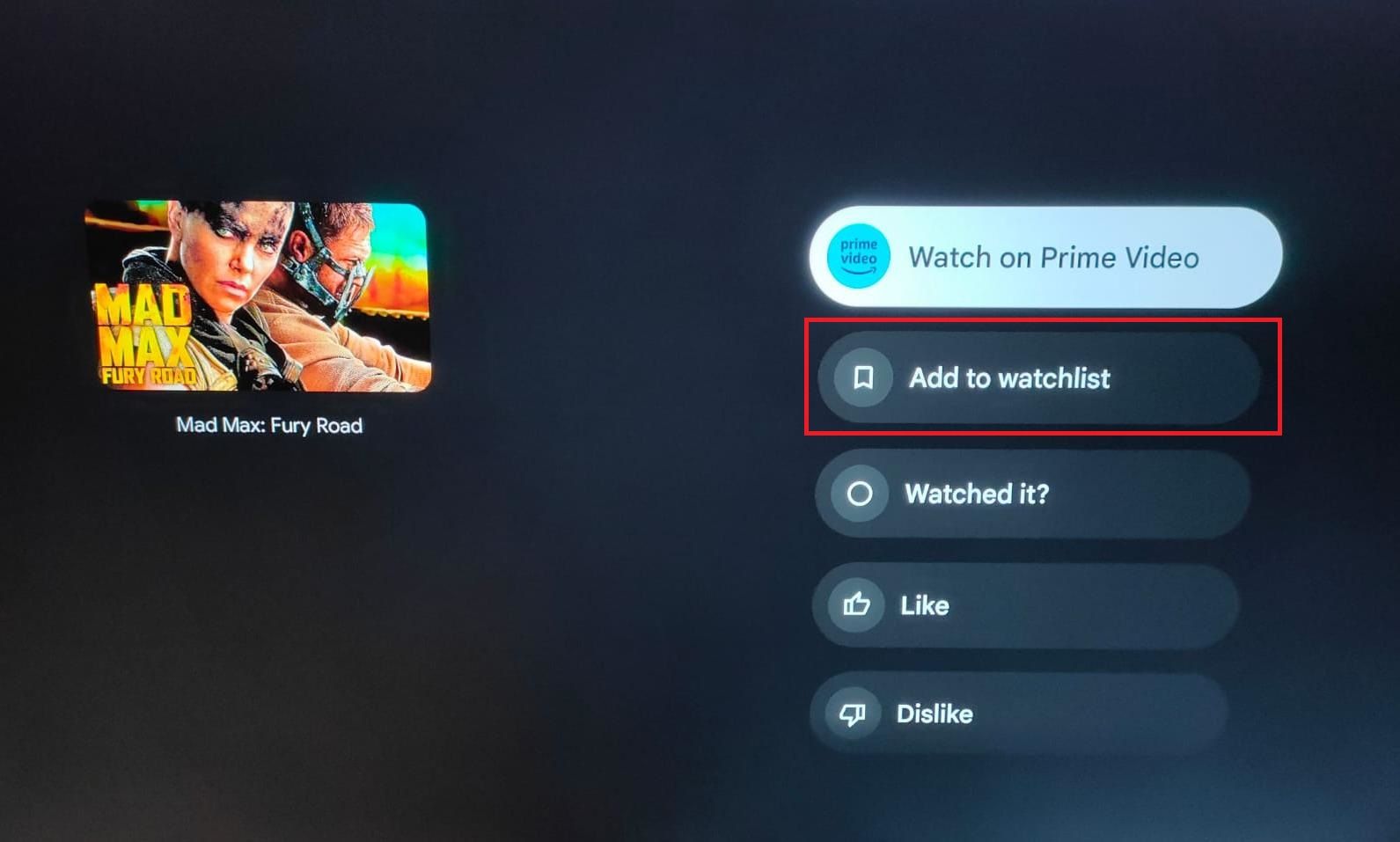 Screenshot highlighting 'Add to watchlist' on Google TV