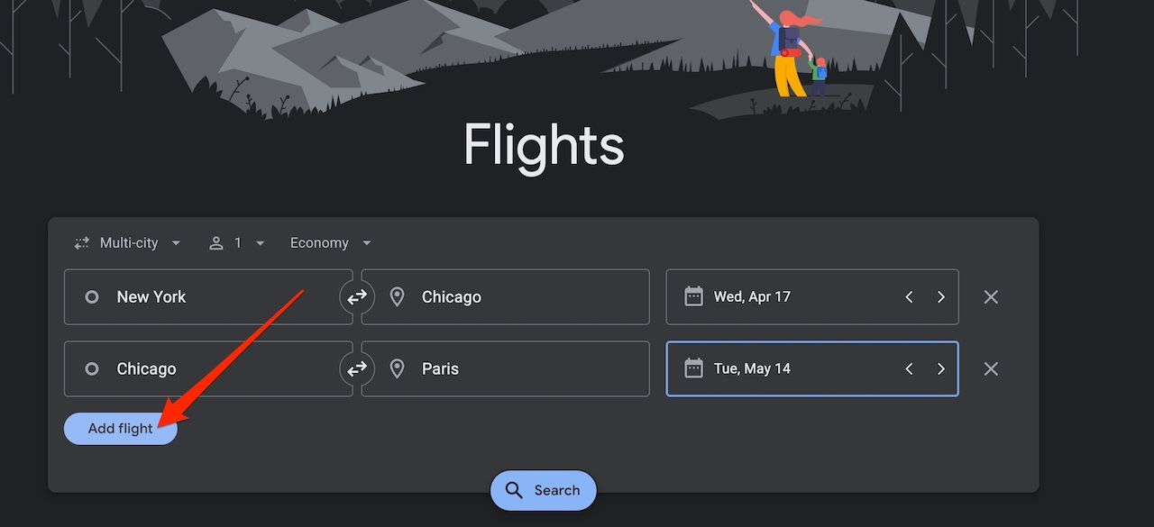 Adding multiple flight searches on the Google Flights website