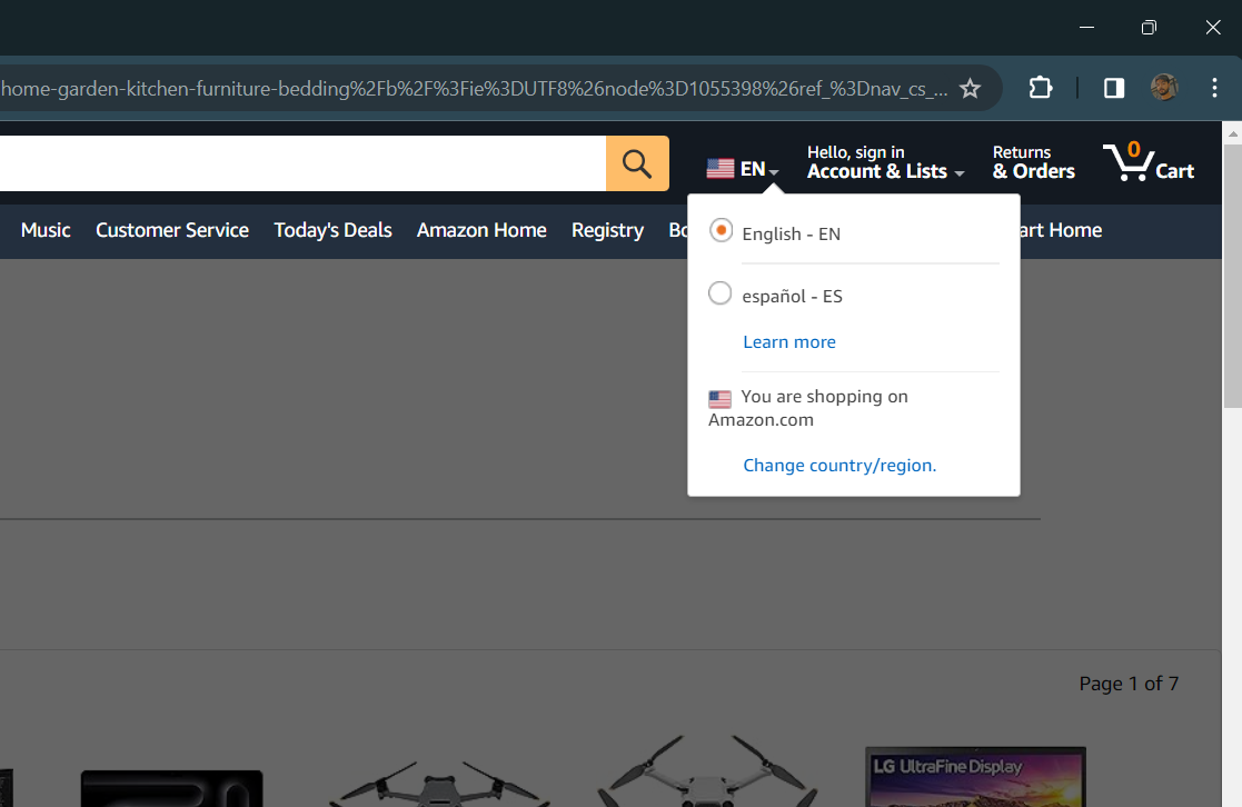 Screenshot showing Amazon homepage language options