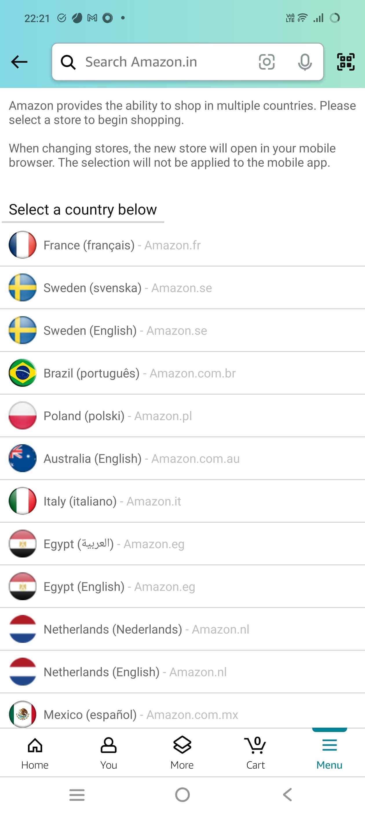 Amazon language options on the smartphone app