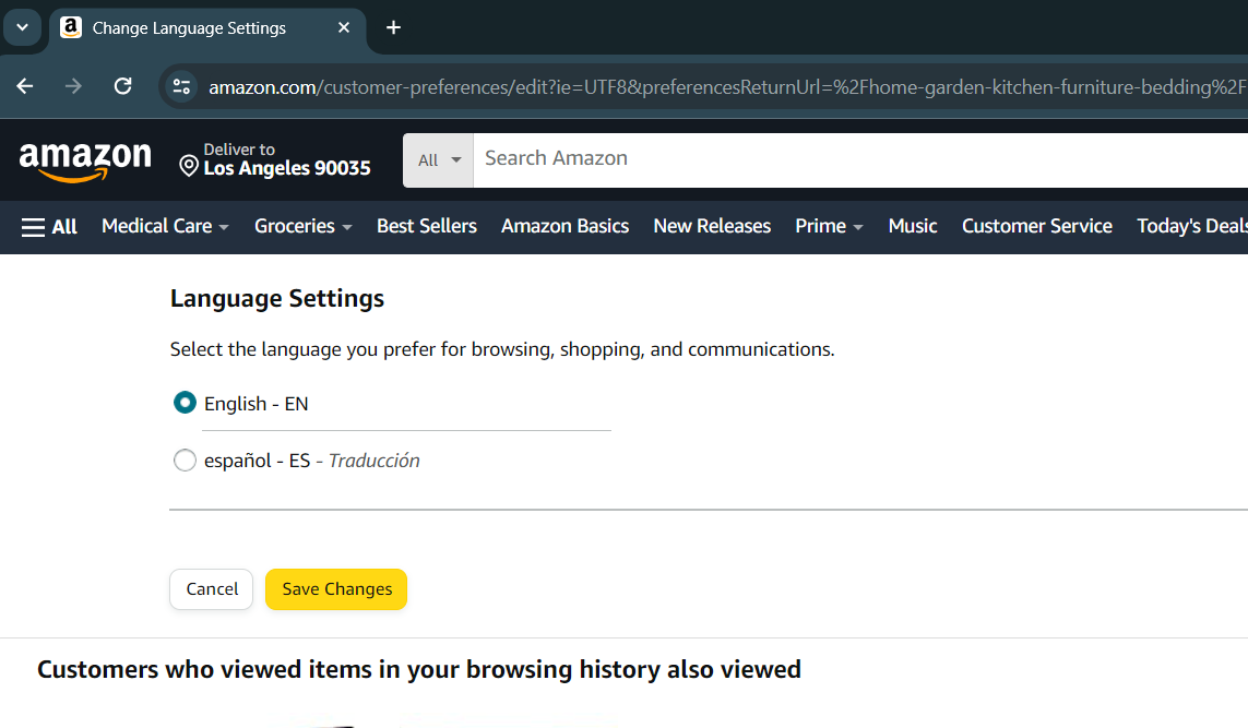 Screenshots showing language settings on Amazon desktop