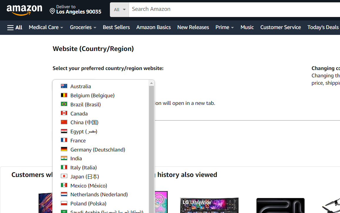 Screenshot showing option to change region and country on Amazon