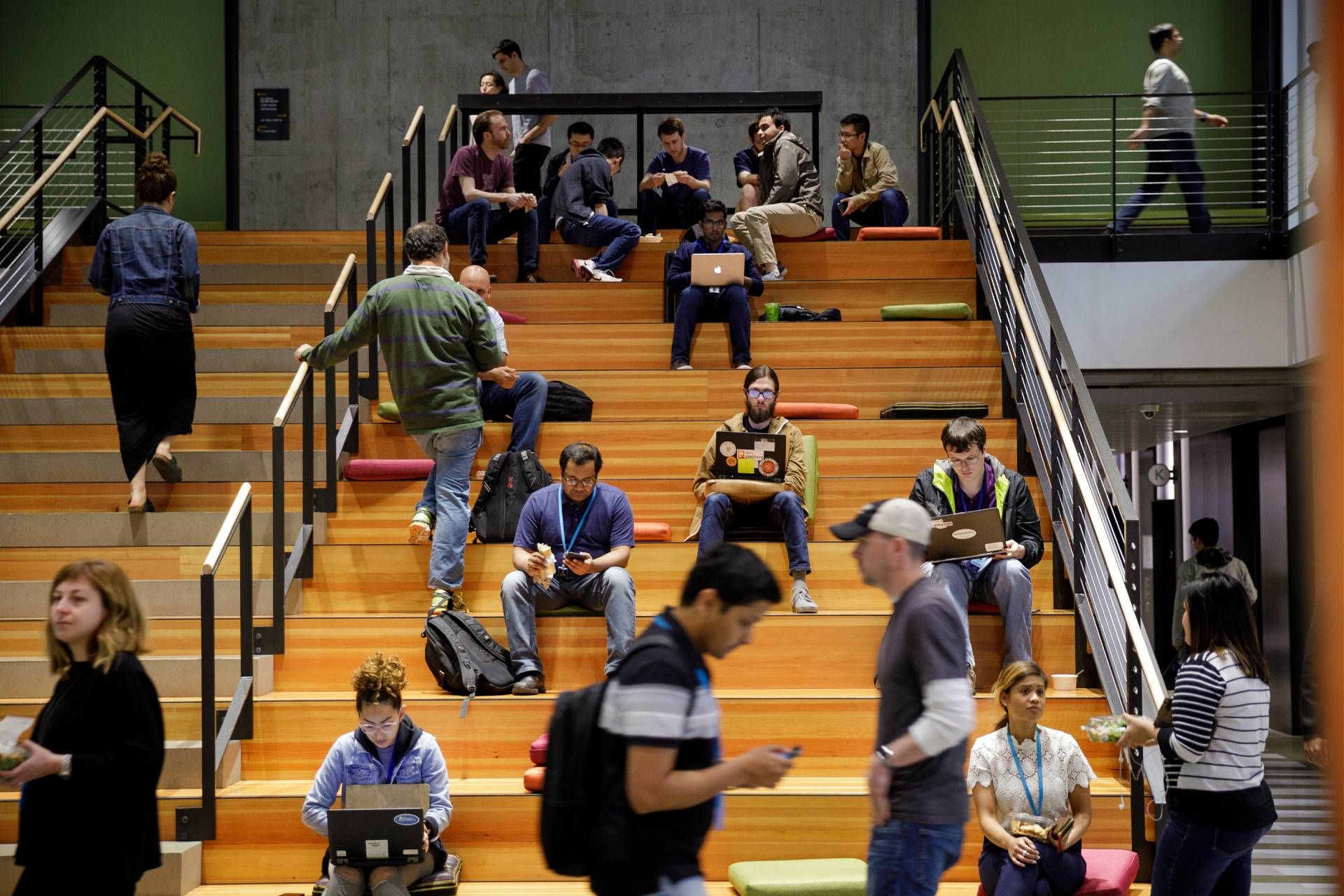 A picture of Amazon employees gathered inside its Seattle headquarters