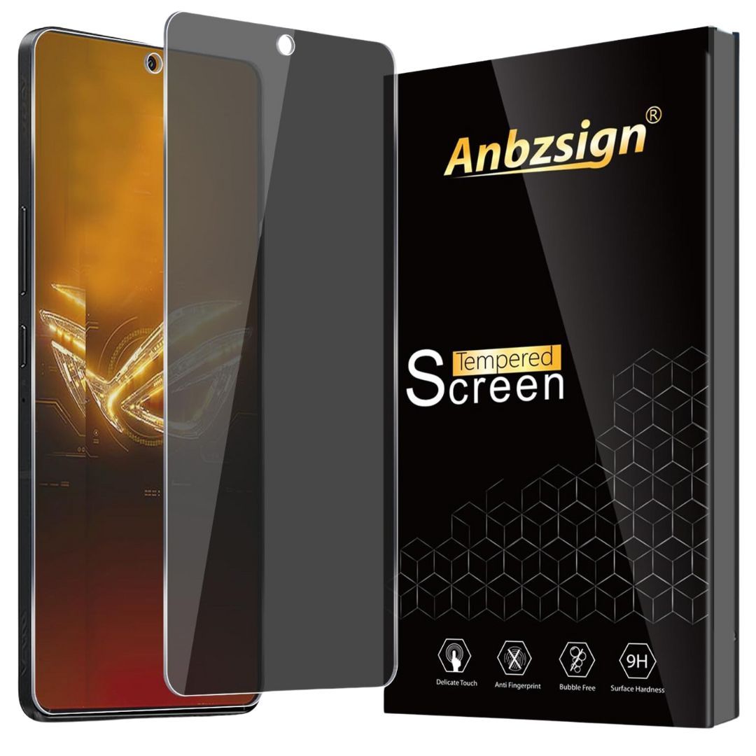 A dark privacy screen protector between a smartphone and a black box