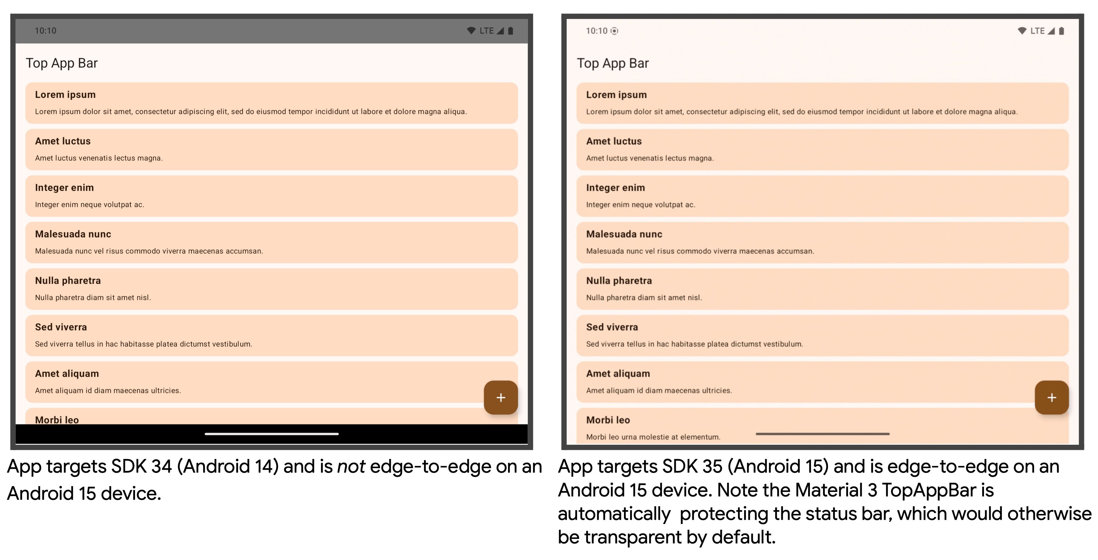 Android 15's edge-to-edge drawing before and after compared. Before: "App targets SDK 34 (Android 14) and is not edge-to-edge on an Android 15 device." After: "App targets SDK 35 (Android 15) and is edge-to-edge on an Android 15 device. Note the Material 3 TopAppBar is automatically protecting the status bar, which would otherwise be transparent by default."