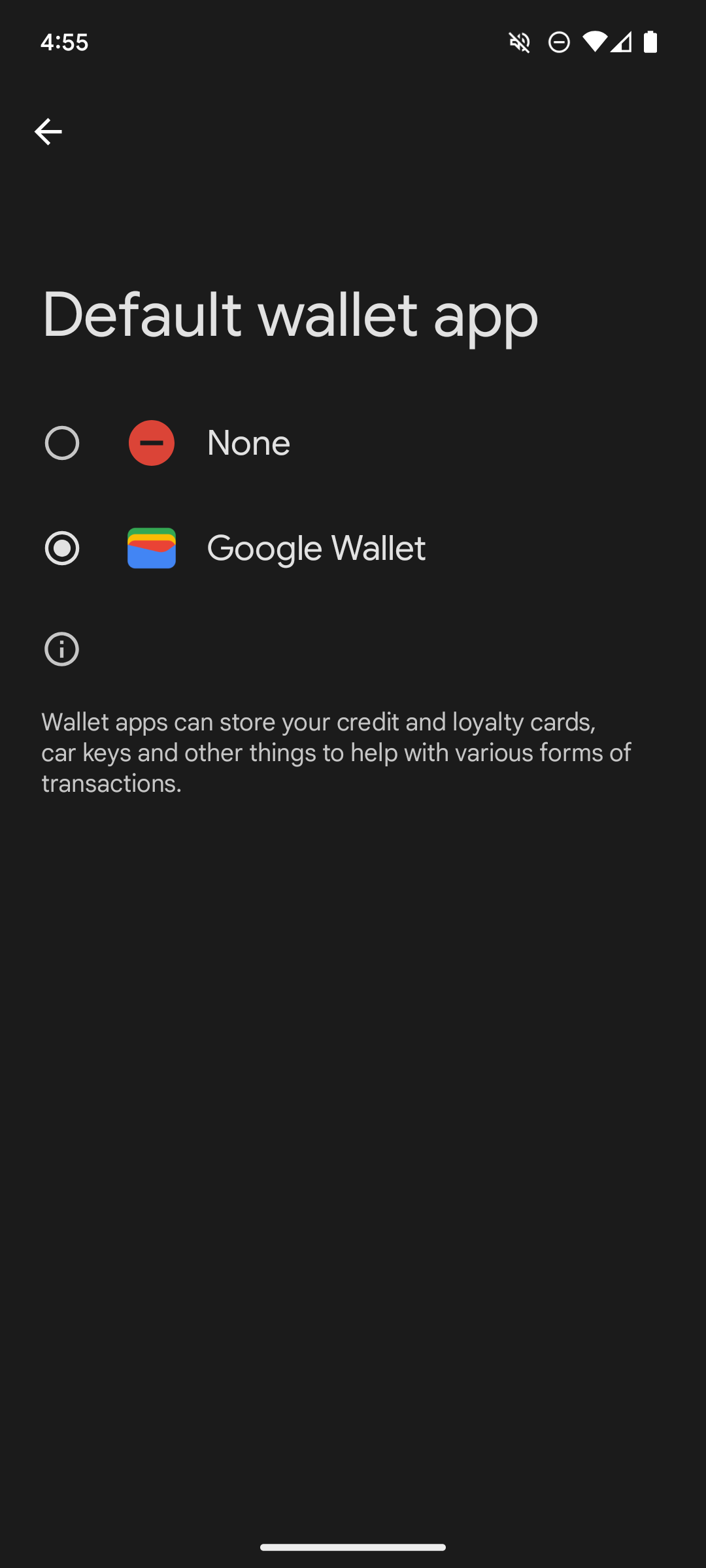 Screenshot showing Android 15 default wallet app settings