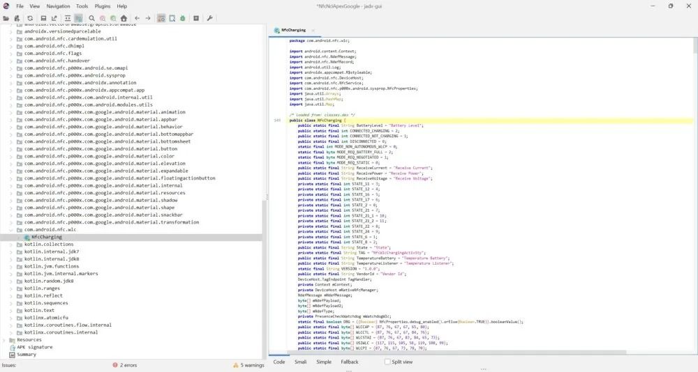 Strings of code mentioning NFC charging in Android 15