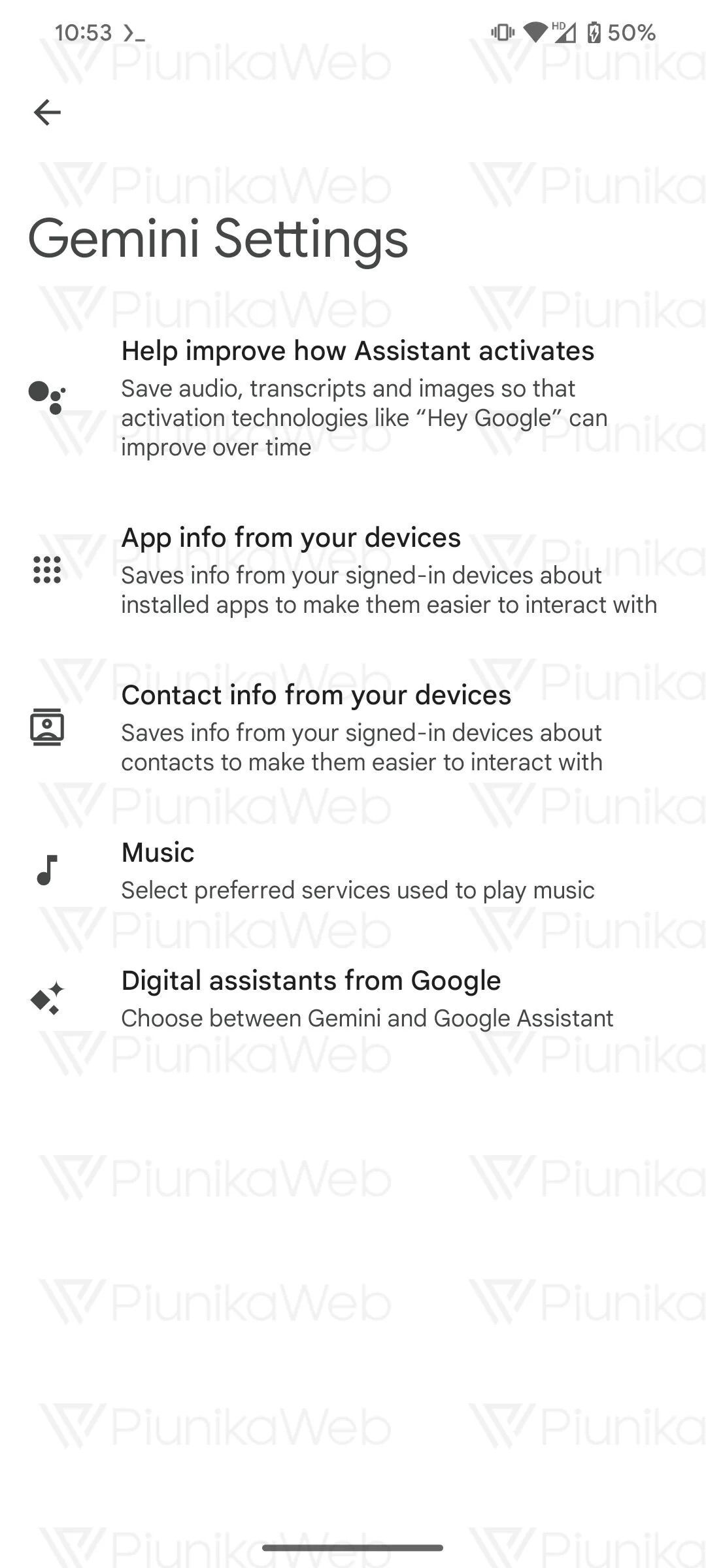 Music option in Android Gemini settings