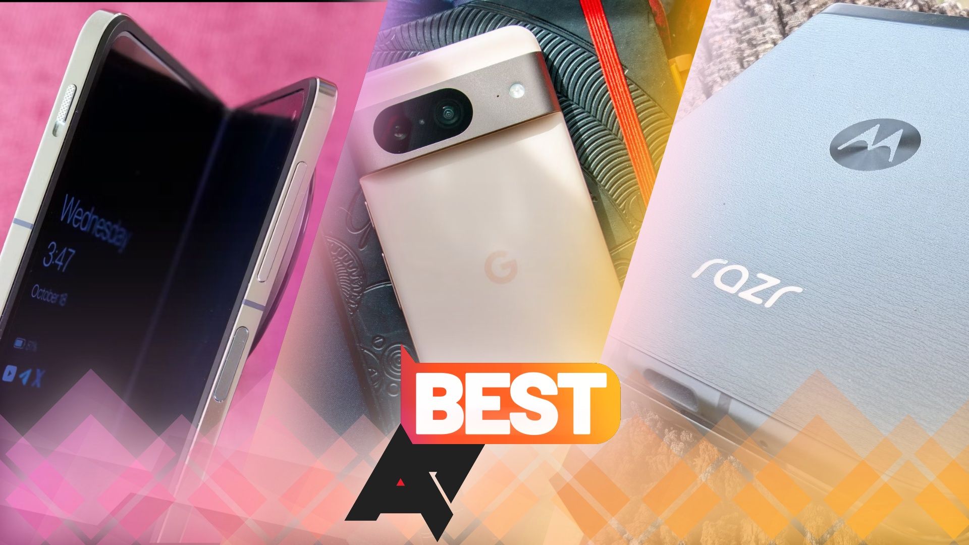 A collage of three Android phones, including a foldable, a Google Pixel, and a Motorola Razr, with an 'AP Best' logo